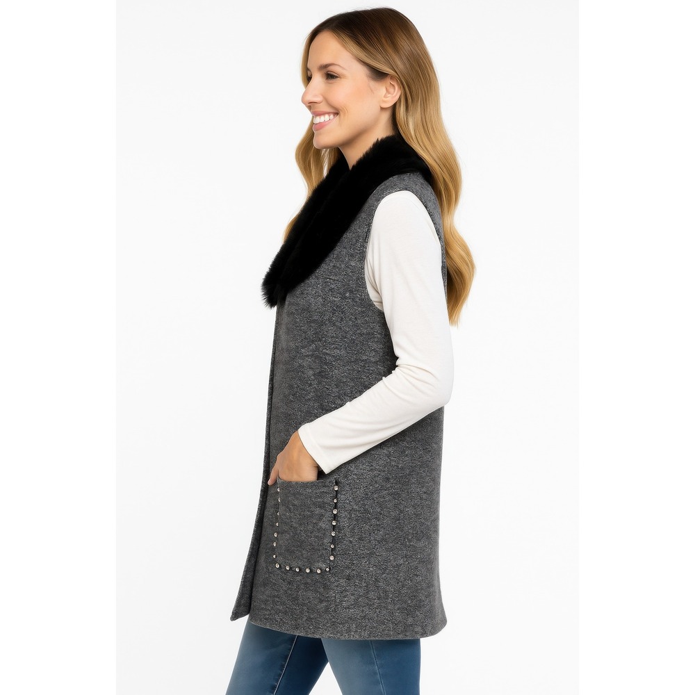 Womens Long Grey Knit Vest Faux Fur Collar Studded Pockets Open Front Sleeveless - Picture 2 of 2